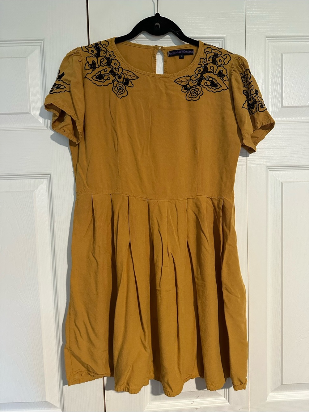 Mustard Embroidered Short-Sleeve Dress- Sugarhill Boutique